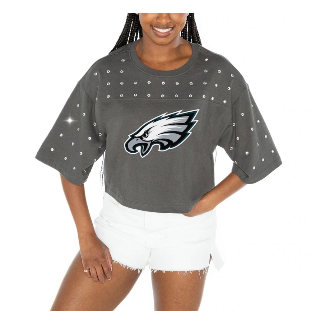 Philadelphia Eagles Gameday Couture All-Over Rhinestone Cropped Oversized Shirt